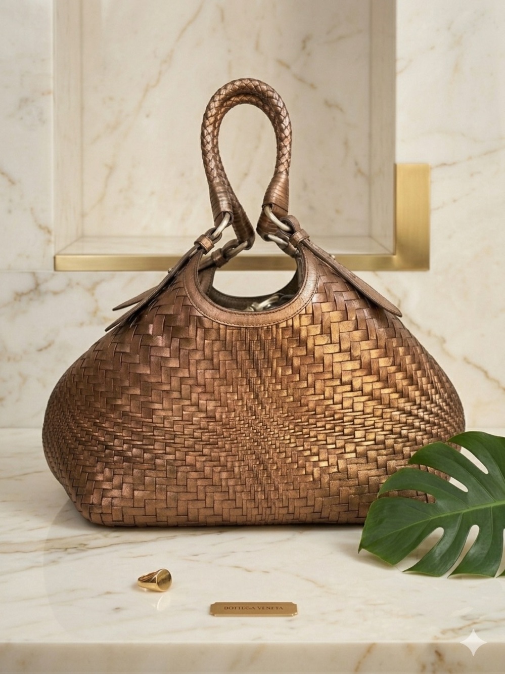 Cole Haan Genevieve Triangle Tote Woven Leather Bag Metallic Bronze Gold EUC